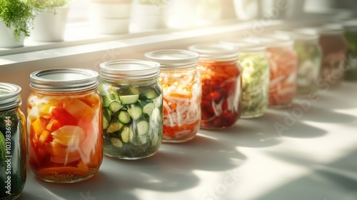 Jars filled with vibrant, colorful vegetables sit neatly lined on a well-lit kitchen countertop, creating an inviting and nutritious kitchen atmosphere.