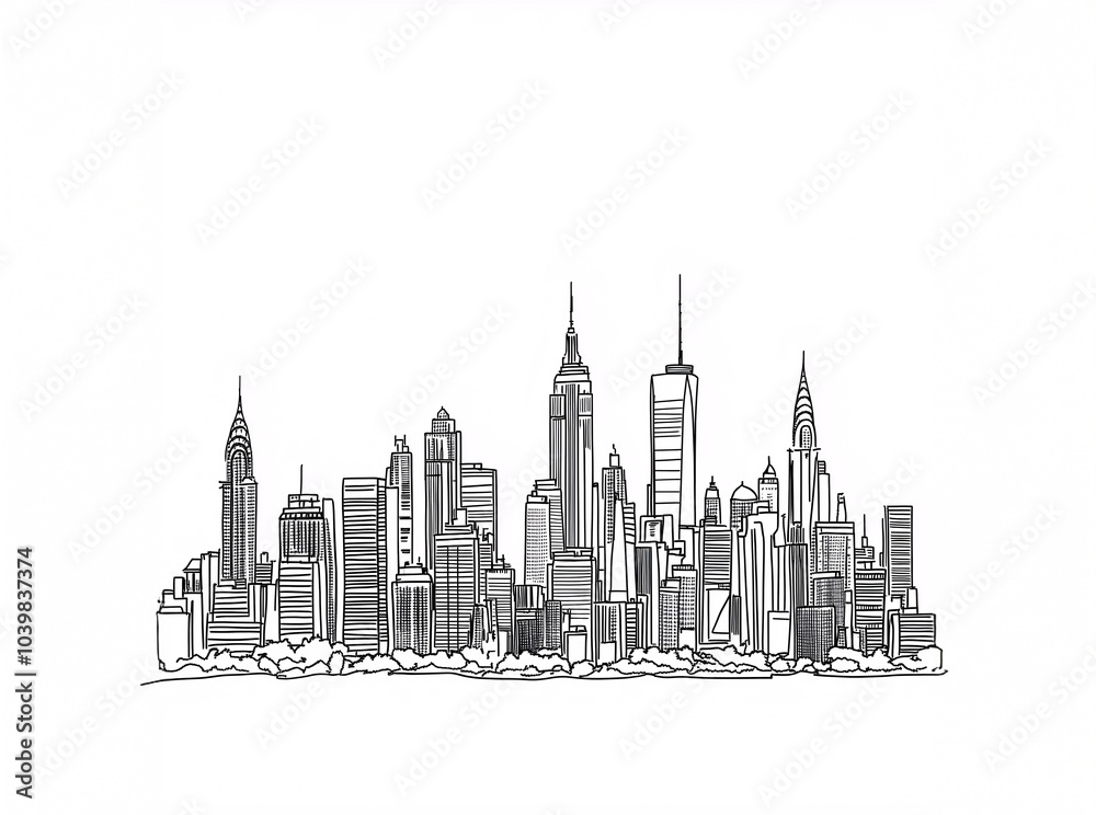 Hand-drawn city skyline with detailed skyscrapers Hand-drawn city skyline with detailed skyscrapers