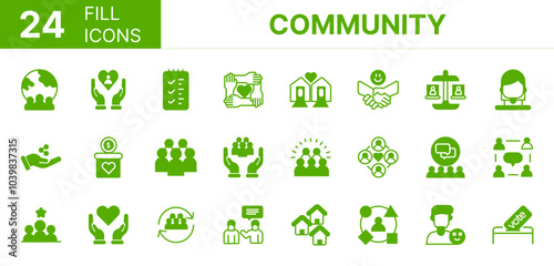 Collection of 24 Community fill icons featuring editable strokes. These outline icons depict various modes of Community, donation, thoughtfulness, sponsor, cooperation, 