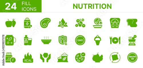 Collection of 24 Nutrition fill icons featuring editable strokes. These outline icons depict various modes of Nutrition, carbohydrate, detox, diet, eating, editable, food, 