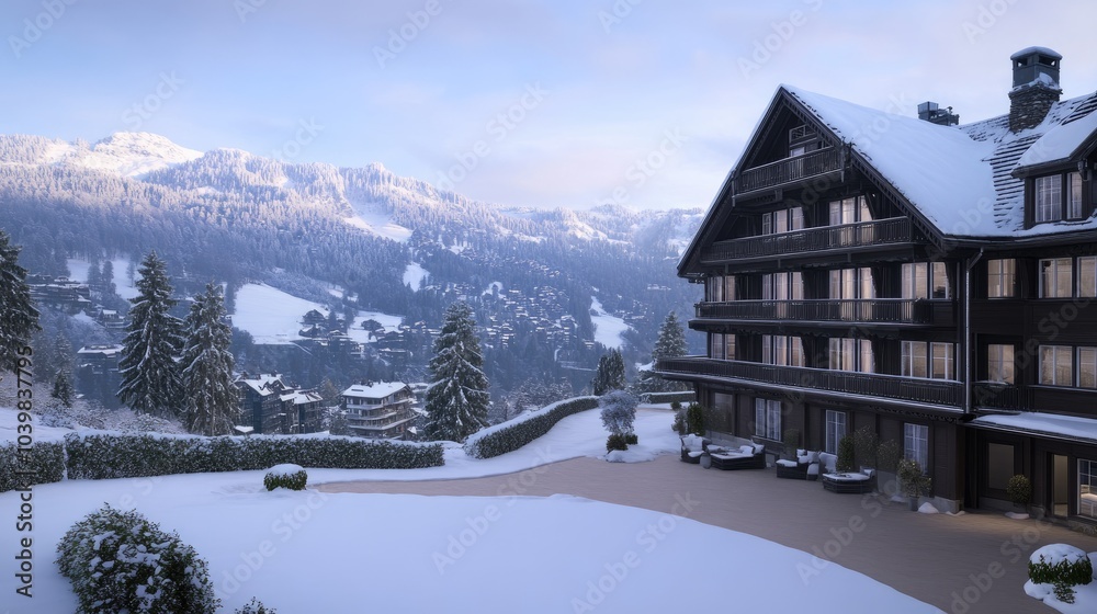 Naklejka premium A house with photovoltaic panels on the roof is blanketed in snow, surrounded by a peaceful winter environment, showcasing sustainable energy use.