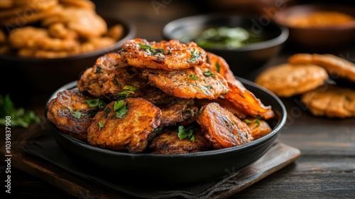 A bowl of crispy spiced vegetable fritters garnished with fresh herbs and presented on a wooden board, creating an inviting and mouth-watering display.