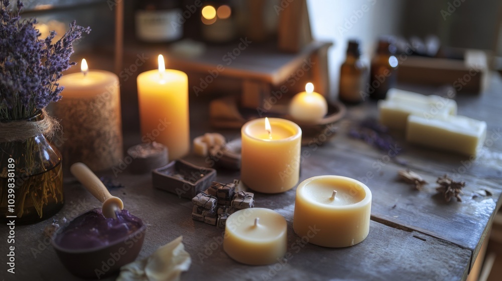 An intricately set up home candle making and aromatherapy studio, Wax molds and essential oils for artisanal candles, Therapeutic crafts style An intricately set up home candle making and aromatherapy studio, Wax molds and essential oils for artisanal candles, Therapeutic crafts style
