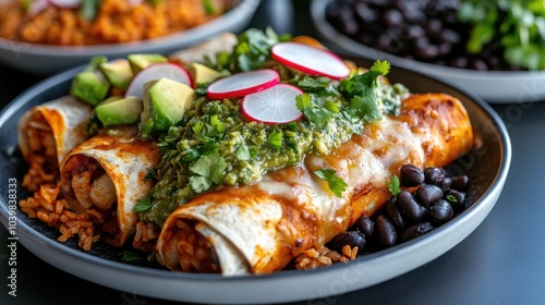 A plate of enchiladas topped with cheese, avocado, radishes and salsa, served with black beans and rice, representing a delicious Mexican cuisine meal.