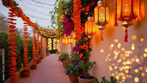 Diwali Celebration, Traditional Indian home adorned with marigold flowers and lanter photo