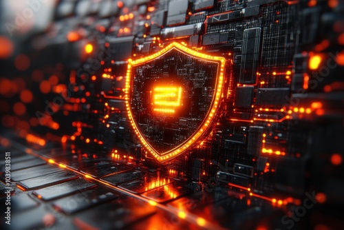 A glowing shield symbol on a laptop screen in a dimly lit room with candlelight and plants, representing cybersecurity concepts