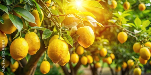 Surreal Lemon Tree in Sunlight: Vibrant Yellow Lemons Hang from Branches, Capturing the Essence of a Bright Sunny Day in a Dreamlike Landscape with Lush Green Foliage