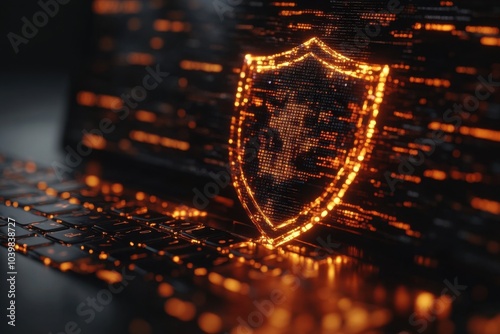 A glowing shield symbol on a laptop screen in a dimly lit room with candlelight and plants, representing cybersecurity concepts