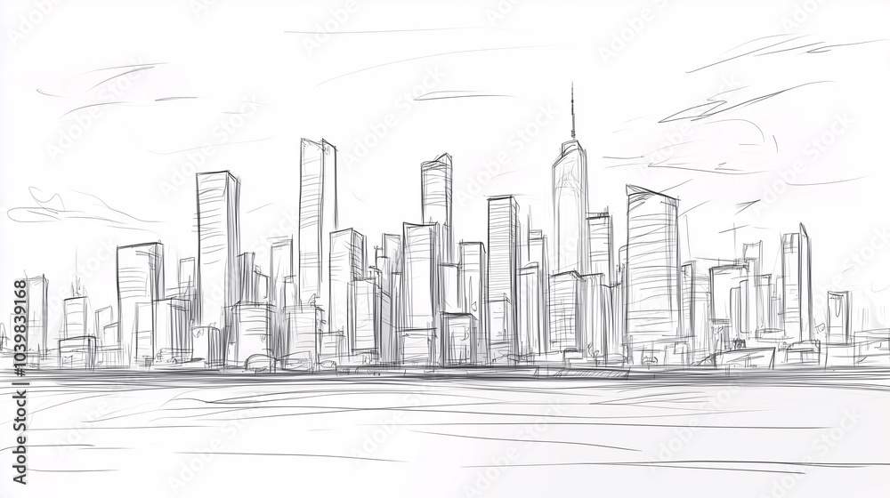 Hand-drawn sketch of a futuristic city skyline Hand-drawn sketch of a futuristic city skyline