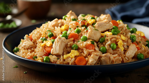 A front view of a plate of chicken fried rice, with diced chicken, green peas, carrots, and scrambled eggs mixed into the rice photo