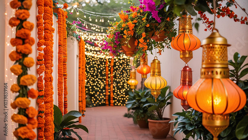 Diwali Celebration, Traditional Indian home adorned with marigold flowers and lanter photo