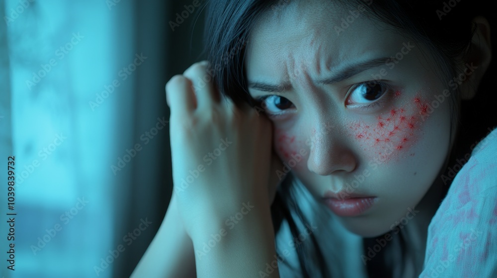 2410 1.Asian young woman, girl with an allergic reaction on her arm, showing red, swollen spots from insect bites. Her hand is mid-motion, scratching her irritated skin, with a close-up view focusing 2410 1.Asian young woman, girl with an allergic reaction on her arm, showing red, swollen spots from insect bites. Her hand is mid-motion, scratching her irritated skin, with a close-up view focusing