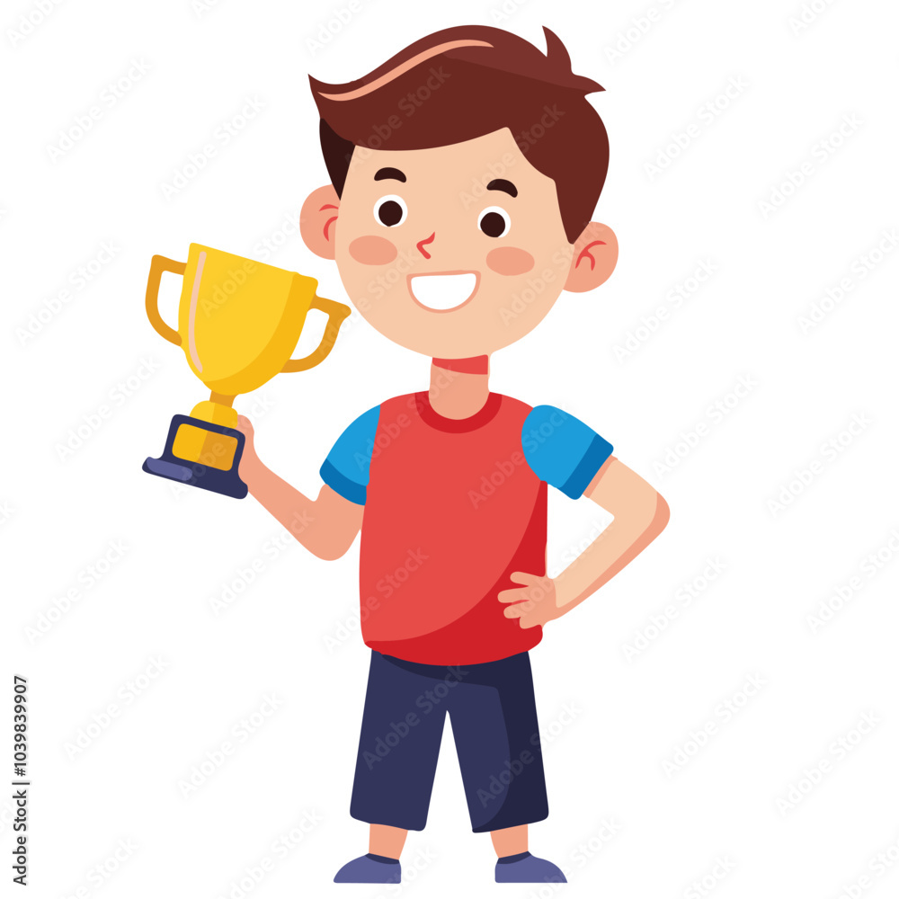 A Young Boy Holding a Trophy in His Hands on a Transparent Background A Young Boy Holding a Trophy in His Hands on a Transparent Background