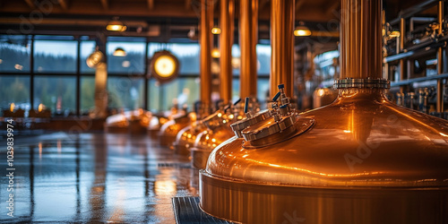 Gleaming copper equipment in a distillery reflects the warm, ambient light. The industrial setting highlights the craftsmanship and precision of distillation