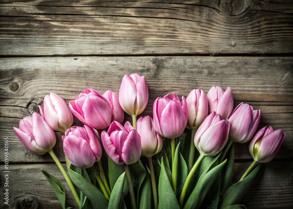 Obraz premium Beautiful Pink Tulips on Rustic Wooden Background - Perfect Spring Floral Decor