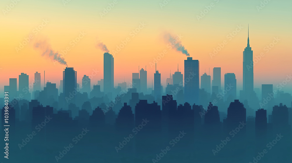 Fototapeta premium City skyline in a foggy sunset with smoke rising from buildings