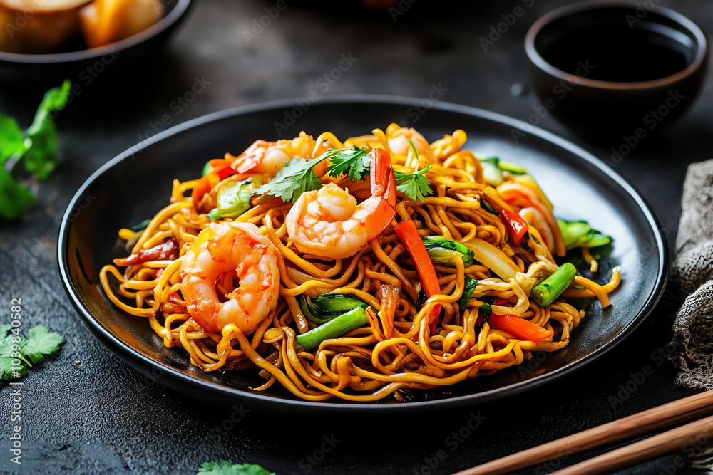 A side view of a plate of chow mein, stirfried noodles with vegetables and shrimp, served with a side of soy sauce A side view of a plate of chow mein, stirfried noodles with vegetables and shrimp, served with a side of soy sauce