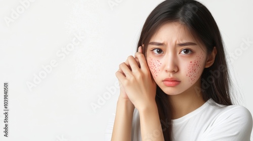 2410 5.Young Asian woman standing with her arm extended, showing allergic reactions from insect bites with large red spots on her skin. Her hand is mid-scratch, and the focus is on the uneven texture photo