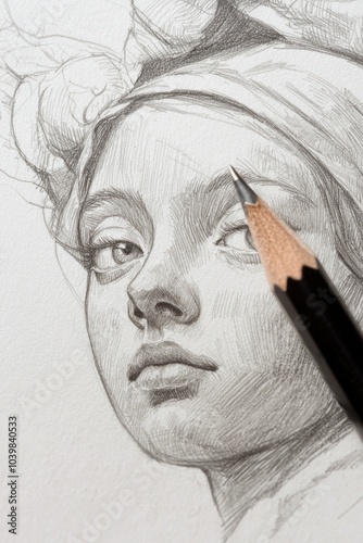 A pencil sketch halfway completed on a blank sheet, with the pencil resting gently beside the artwork 