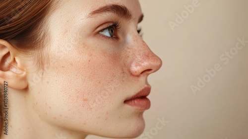 2410 13.Profile of a Caucasian woman with rosacea, her face visibly red and swollen on one side, as she looks away from the camera. The detailed texture of her inflamed skin stands out against the