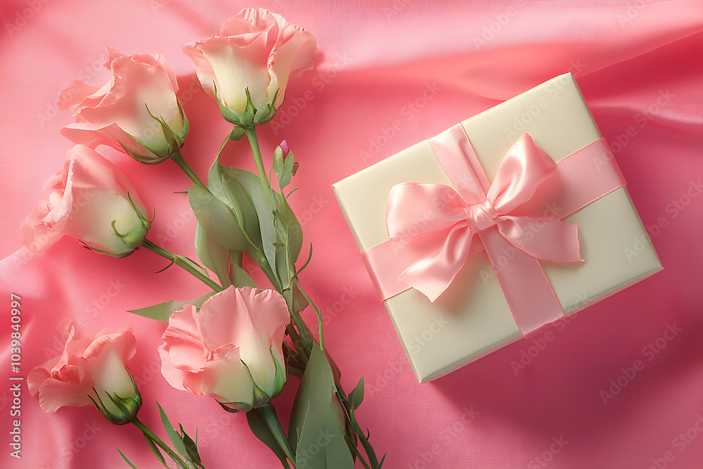 Beautiful gift box with bow and eustoma flowers on pink background, flat lay Beautiful gift box with bow and eustoma flowers on pink background, flat lay