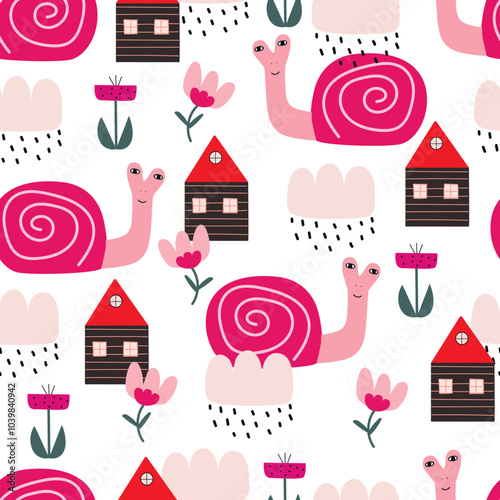 Seamless baby pattern with cute animals and hand drawn flowers. Creative kids texture for wrapping, textile, wallpaper, apparel and fabric. Vector illustration