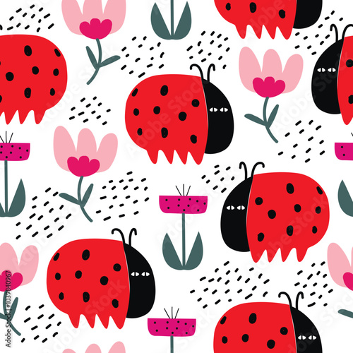 Seamless baby pattern with cute animals and hand drawn flowers. Creative kids texture for wrapping, textile, wallpaper, apparel and fabric. Vector illustration