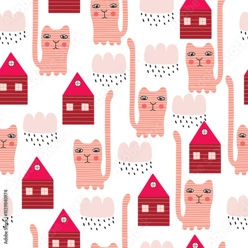 Seamless baby pattern with cute animals and hand drawn flowers. Creative kids texture for wrapping, textile, wallpaper, apparel and fabric. Vector illustration