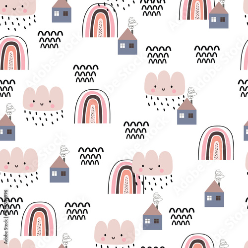 Seamless baby pattern with cute animals and hand drawn flowers. Creative kids texture for wrapping, textile, wallpaper, apparel and fabric. Vector illustration
