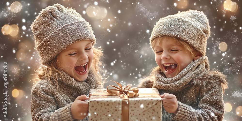 wo young children joyfully unwrapping a Christmas present, laughing in excitement as snow gently falls around them, creating a magical holiday atmosphere wo young children joyfully unwrapping a Christmas present, laughing in excitement as snow gently falls around them, creating a magical holiday atmosphere