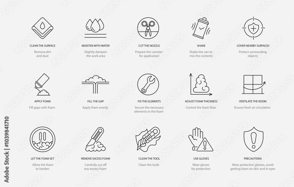Instructions for using polyurethane foam, vector line icon set with editable stroke, Clean the surface and moisten with water, apply foam cut and off the nozzle, shake and secure the elements Instructions for using polyurethane foam, vector line icon set with editable stroke, Clean the surface and moisten with water, apply foam cut and off the nozzle, shake and secure the elements