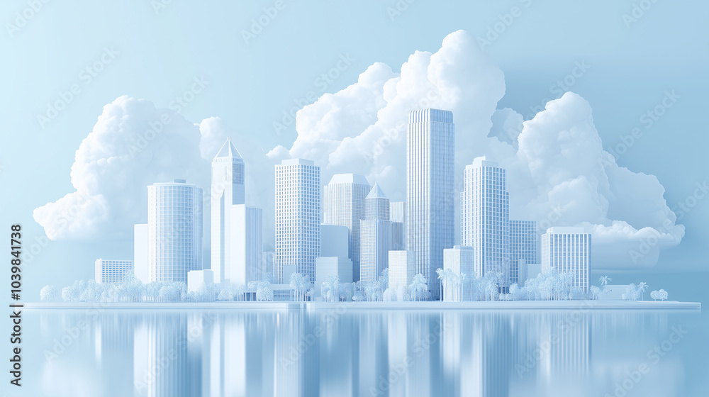 Fototapeta premium Futuristic city skyline with clouds reflecting on water