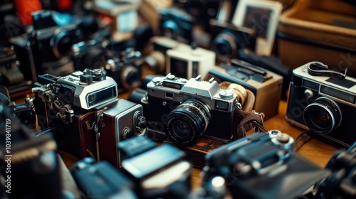 An intricately set up vintage camera collection and photography studio, Antique cameras and darkroom equipment for nostalgic photography, Retro photography style photo