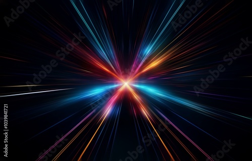 A vibrant burst of light streaks across a dark background, radiating outward from a central point.