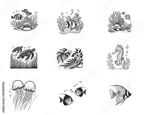 collection of Underwater Scene ClipArt Design - Sea life Vector illustration in black and white