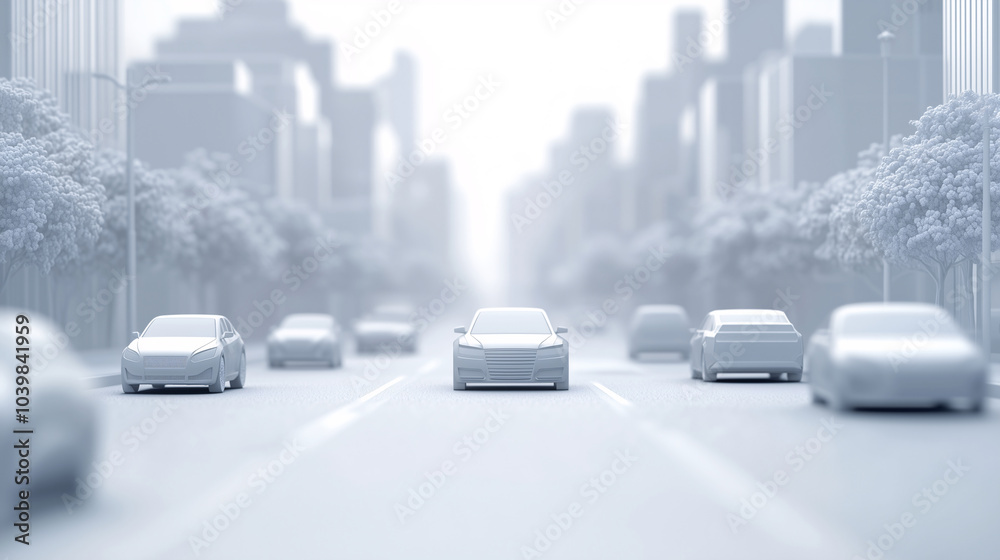 City traffic scene with cars on the road in a foggy urban environment