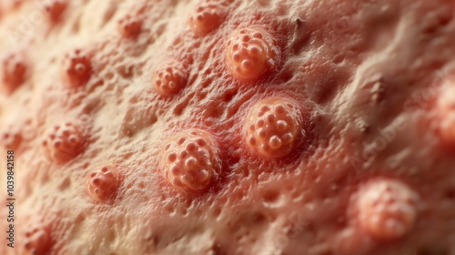 2410 62.3D illustration of human skin with monkeypox lesions, showing large, raised blisters and pus-filled sores across the surface. The skin appears red and swollen, emphasizing the severity of the