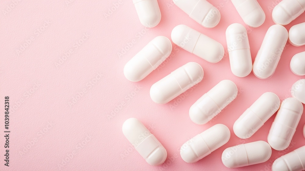 Vibrant medication capsules and tablets scattered on a textured pastel pink background, intricate focus on pill shapes. capsules and tablets, modern health design Vibrant medication capsules and tablets scattered on a textured pastel pink background, intricate focus on pill shapes. capsules and tablets, modern health design