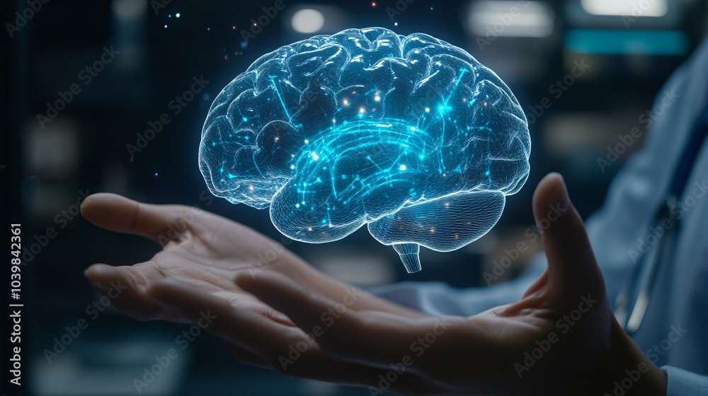 Close-up of a doctor holding a human brain in his hands. 3D rendering.