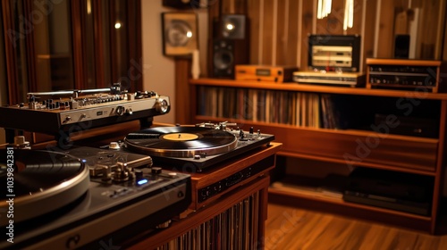 An intricately set up vinyl record listening room, Turntables and vintage records ready for audiophile pleasure, Retro music aficionado style