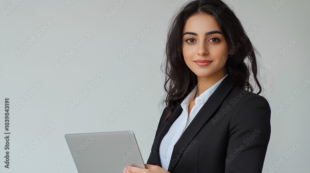 A young businesswoman in a black suit and white shirt smiles confidently while holding a laptop. A young businesswoman in a black suit and white shirt smiles confidently while holding a laptop.