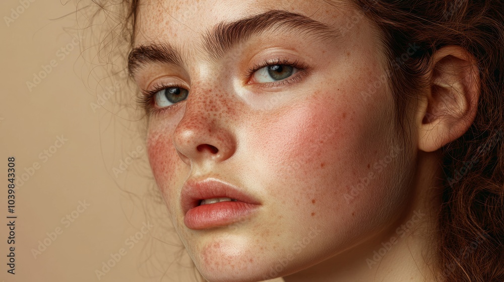 2410 14.Isolated portrait of a young woman with rosacea in the acute stage, her cheeks red and visibly irritated. The soft beige background provides a contrast to the raw, inflamed texture of her 2410 14.Isolated portrait of a young woman with rosacea in the acute stage, her cheeks red and visibly irritated. The soft beige background provides a contrast to the raw, inflamed texture of her