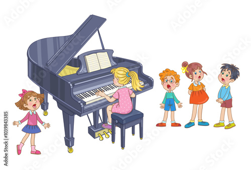 Music lesson. Group of children singing standing near the grand piano. Isolated on white background. Vector illustration.
