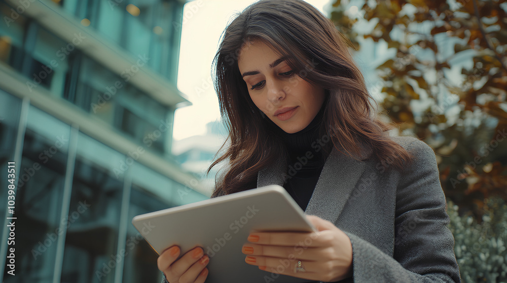 A woman wearing a grey coat uses a tablet outside a modern building. A woman wearing a grey coat uses a tablet outside a modern building.