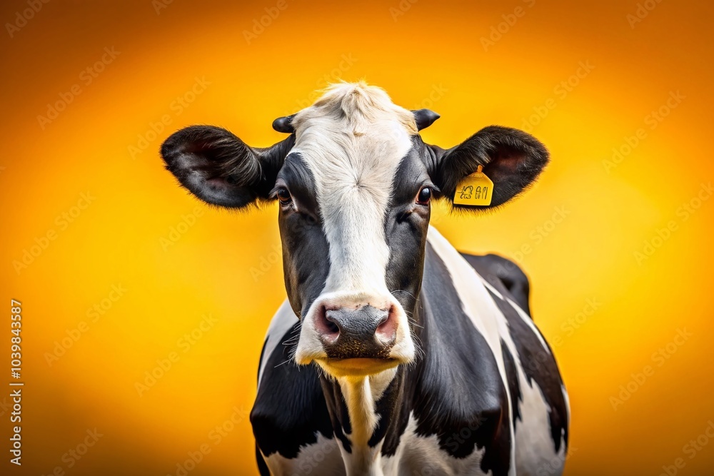 Black and White Cow Portrait on Yellow Background for Food Photography Banner Black and White Cow Portrait on Yellow Background for Food Photography Banner