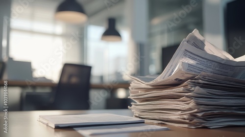 2410 70.Close-up of a small pile of newspapers on a table in an office, with a bright white background. The focus is on the texture of the newspaper pages and the way they are layered and folded. photo