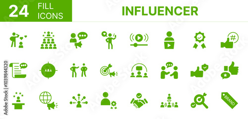 Collection of 24 influencer fill icons featuring editable strokes. These outline icons depict various modes of influencer, brand, partnership, audience, expertise, content, 