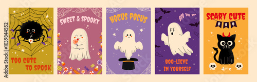 Bundle 5 vertical posters with grainy textures for Halloween on colorful background. Cute characters of ghost, spider, cat and typography in retro style. For card, cover, label, invitation.