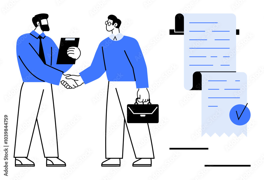 custom made wallpaper toronto digitalTwo men shaking hands, one holding a briefcase and the other a clipboard. A large signed contract is visible. Ideal for business partnerships, agreements, professional deals, office relationships