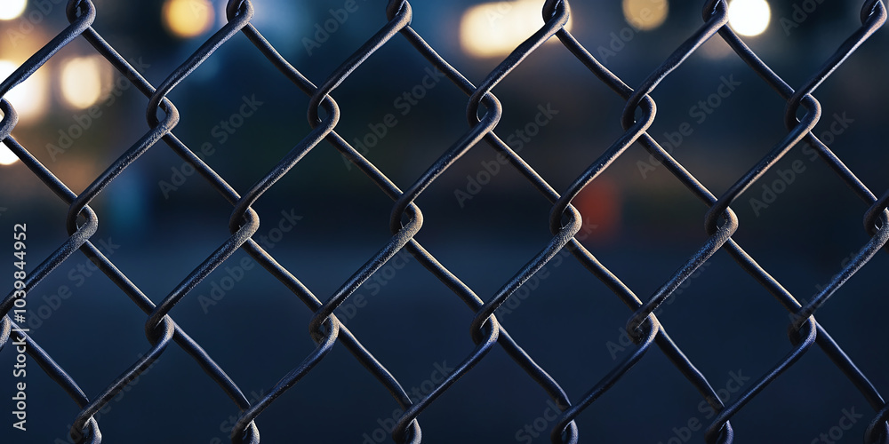 Fototapeta premium Simple chain-link fence at dusk in an industrial park, highlighting the security and utilitarian design of modern metal barriers with blurred lights in the background